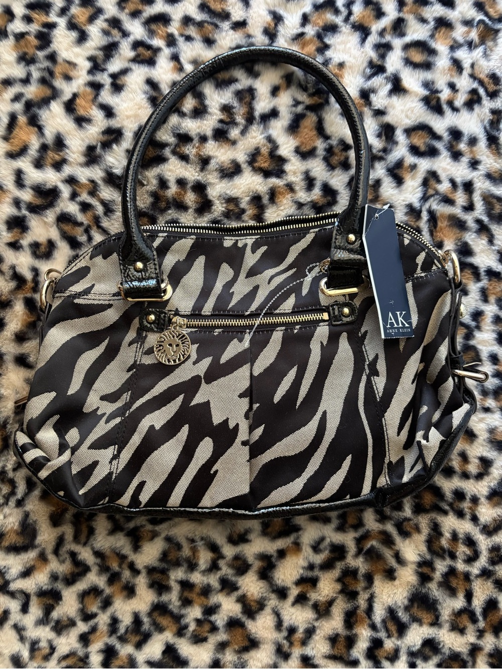 Anne Klein Black and Gray Zebra-Pattern Satchel with Gold Accents